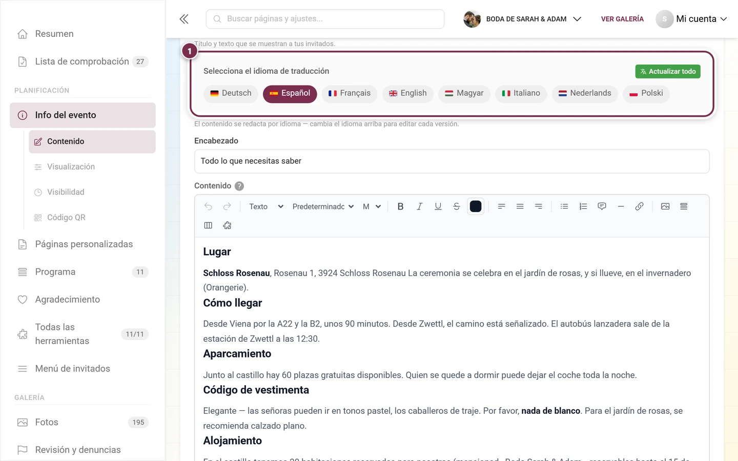 Barra Selecciona el idioma de traducción con Deutsch y English, además del botón Actualizar todo