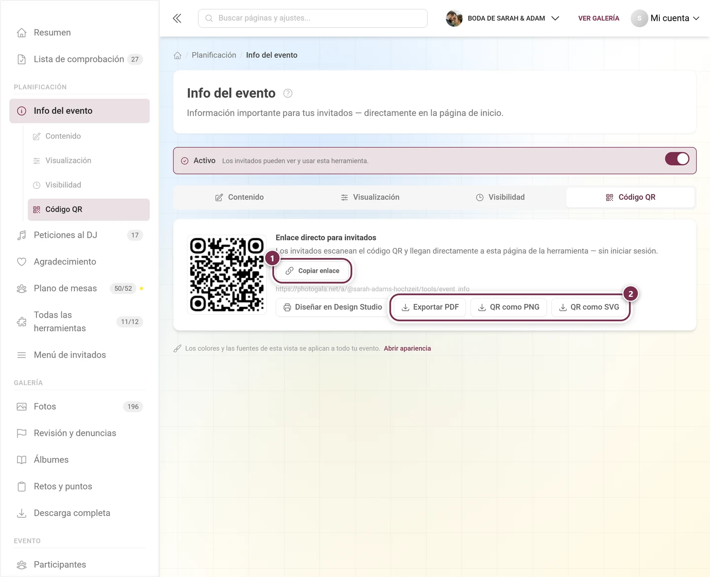 Pestaña Código QR con el código, el botón Copiar enlace y los botones de exportación