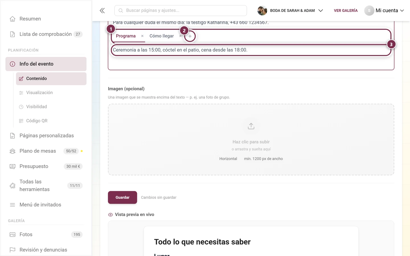 Bloque de pestañas en el editor con la barra de pestañas, el botón más y el contenido de la pestaña activa