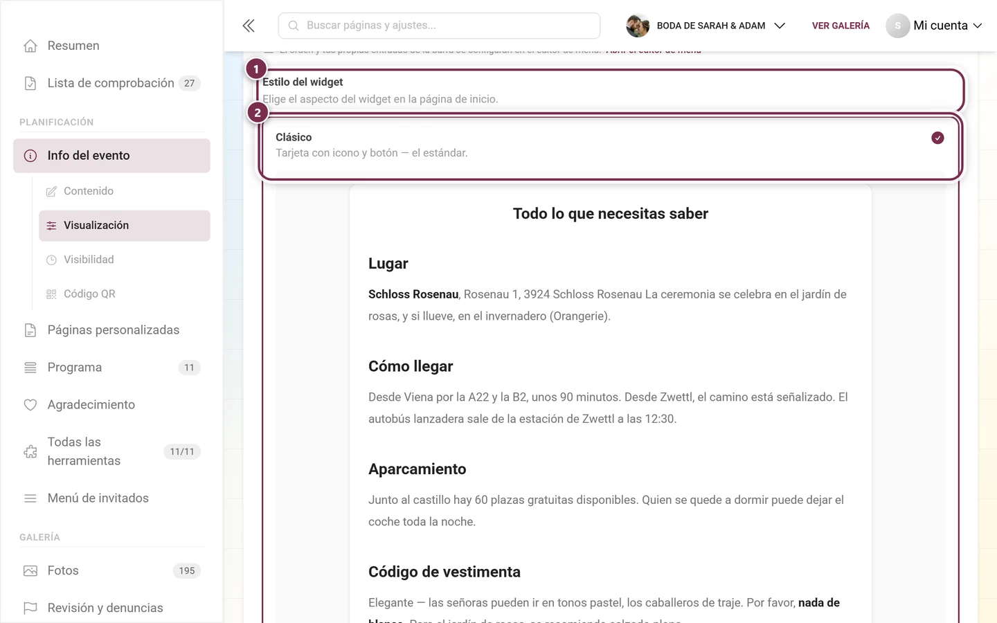 Selector Estilo del widget con la primera tarjeta Clásico