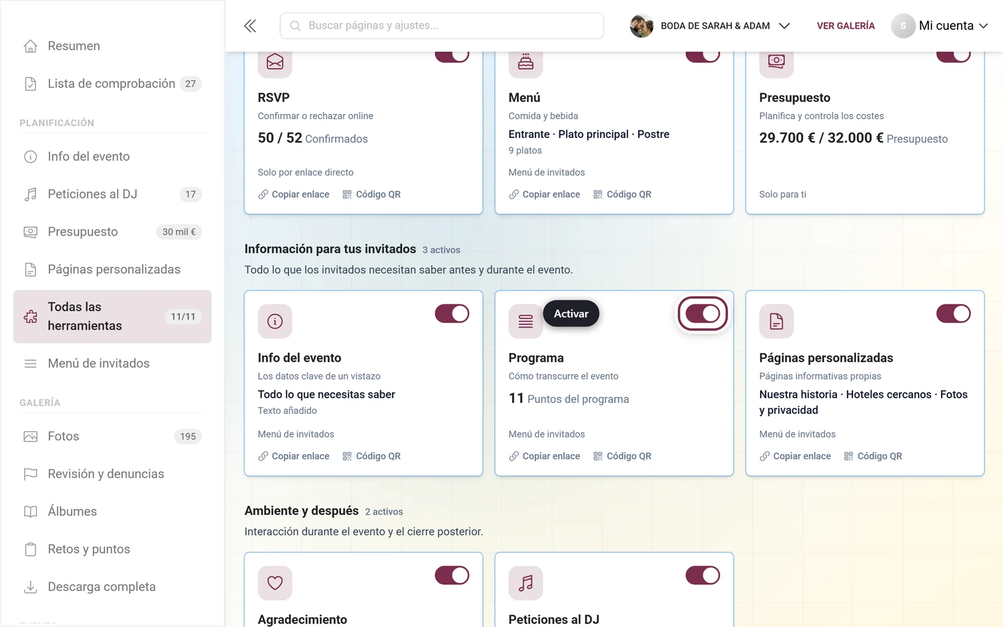 Cuadrícula de mosaicos de herramientas con el interruptor del mosaico Programa resaltado
