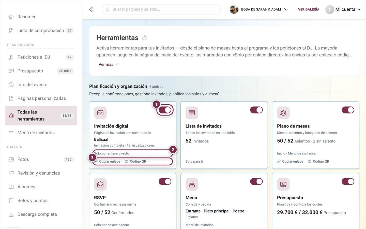 La cuadrícula de herramientas con mosaicos para todas ellas, agrupadas en tres categorías