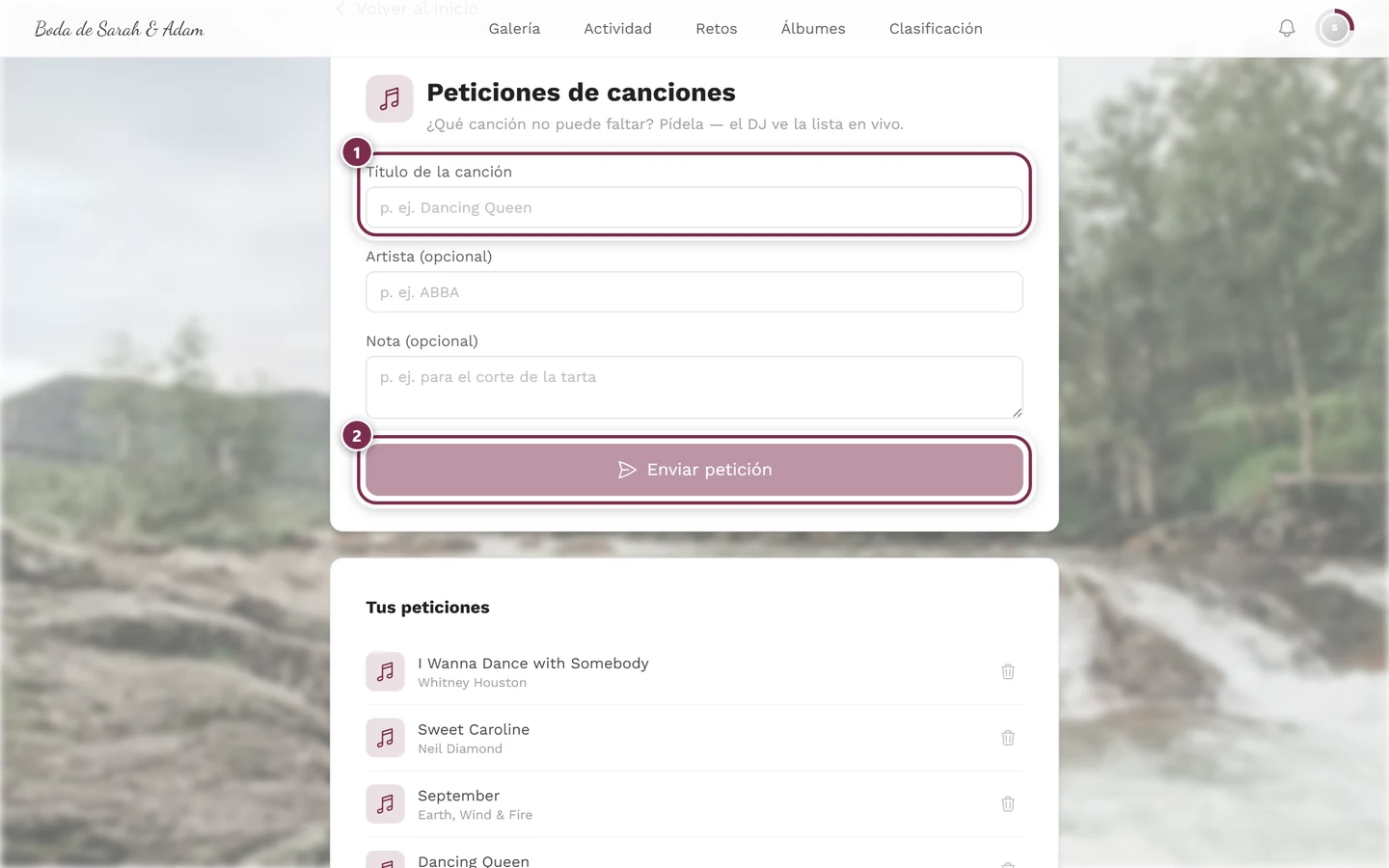 Formulario de petición del invitado con círculos numerados alrededor del título de la canción y el envío