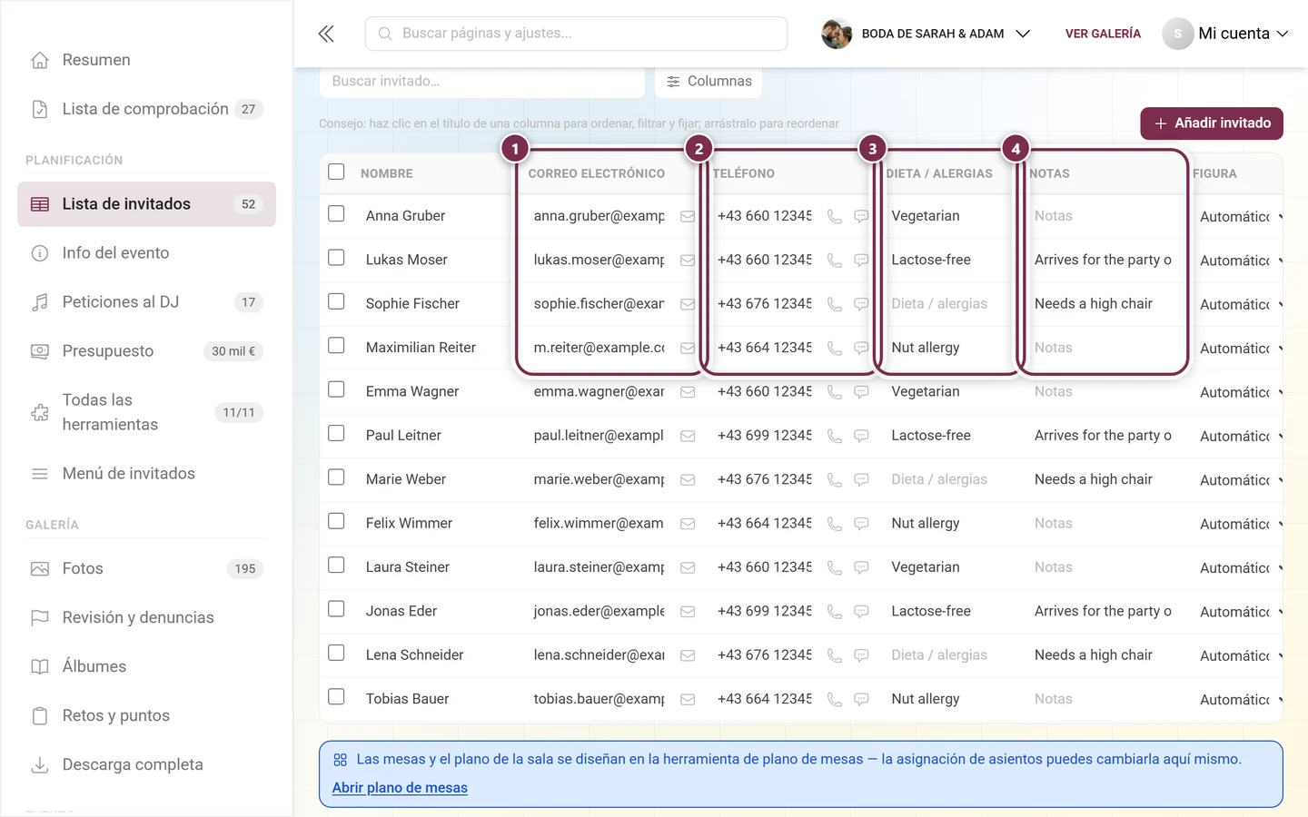 Columnas Correo electrónico, Teléfono, Dieta y Notas de la lista de invitados, las cuatro destacadas