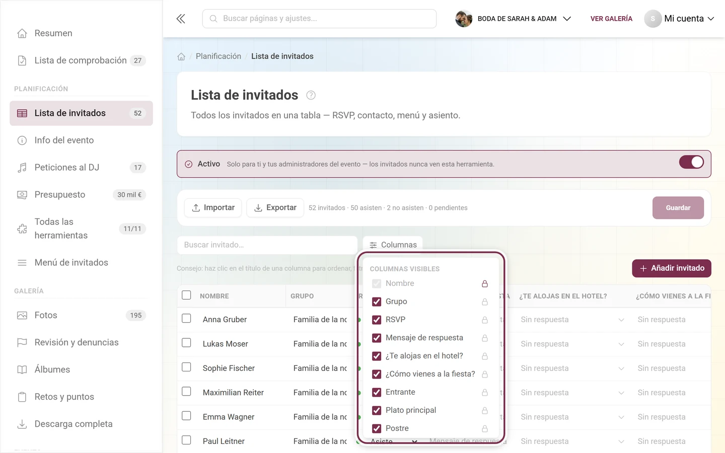 Lista de invitados con el menú Columnas visibles desplegado