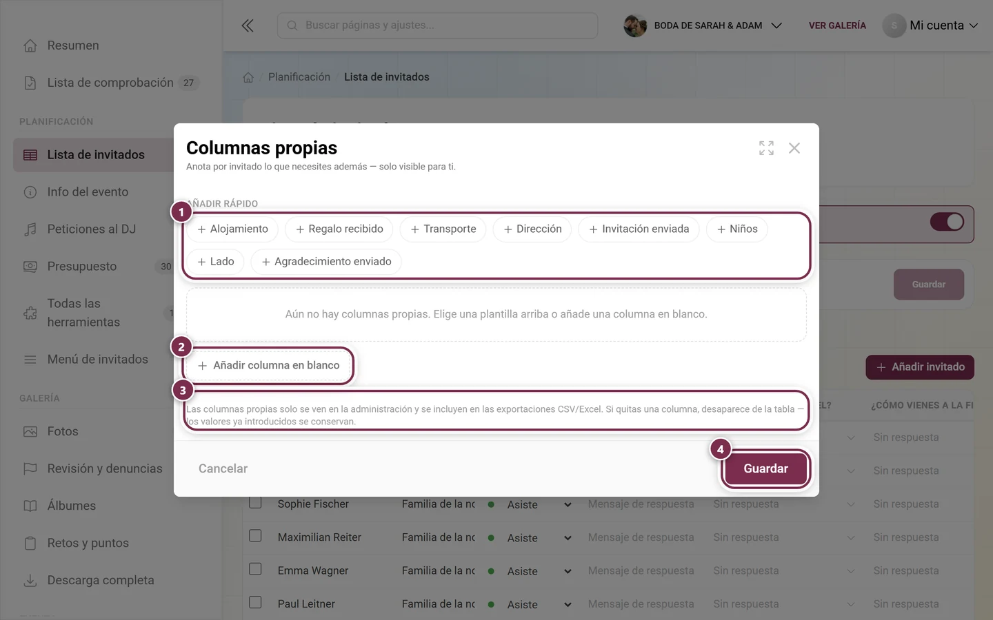Diálogo Columnas propias con la cuadrícula de plantillas, Añadir columna en blanco, el aviso de uso interno y Guardar destacados