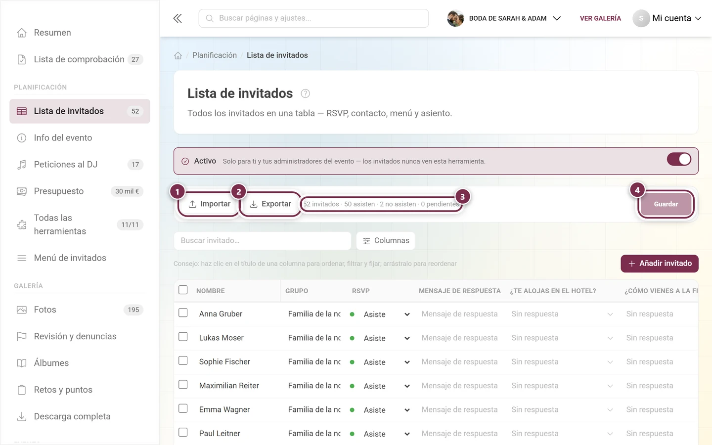 Barra de acciones de la lista de invitados con Importar, Exportar, la línea de recuento y el botón Guardar destacados