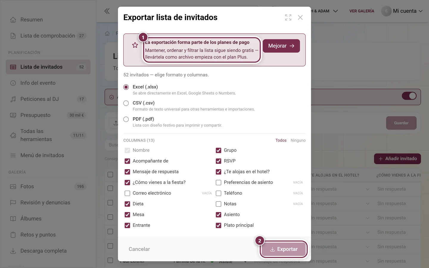 Diálogo de exportación de la lista de invitados con el cuadro de mejora de plan y el botón Exportar en gris destacados