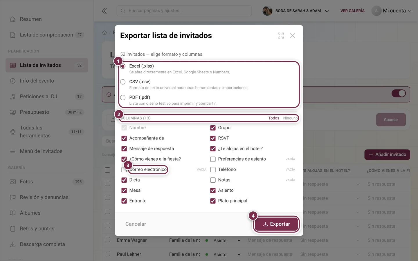 Diálogo Exportar lista de invitados con los formatos, la selección de columnas, una columna vacía y el botón Exportar destacados