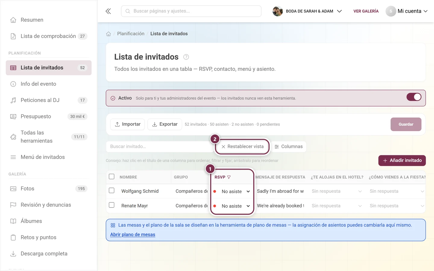 Lista de invitados con la columna RSVP filtrada y el botón Borrar filtros destacados