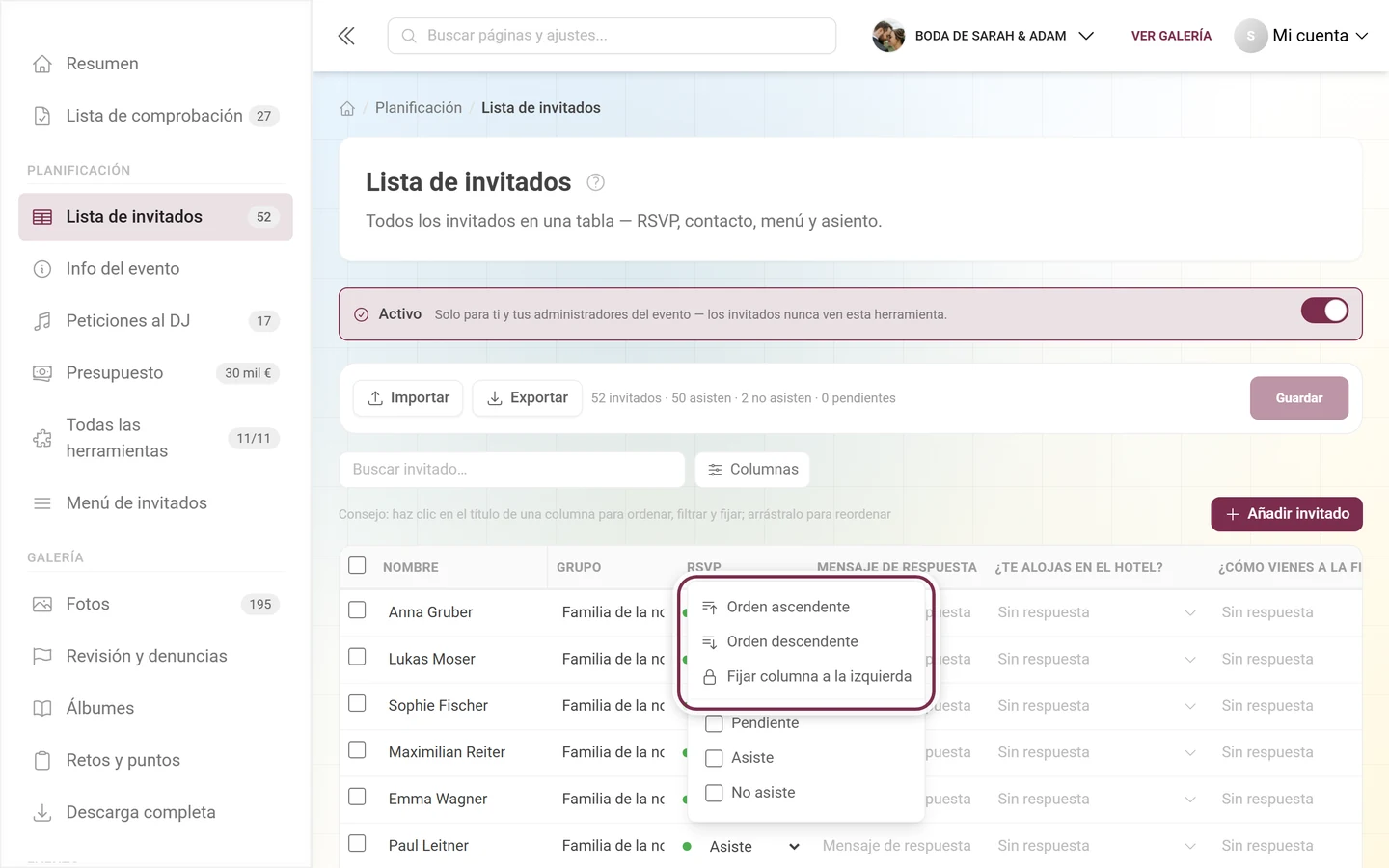 Lista de invitados con el menú desplegado del encabezado de columna RSVP y su lista de valores de filtro
