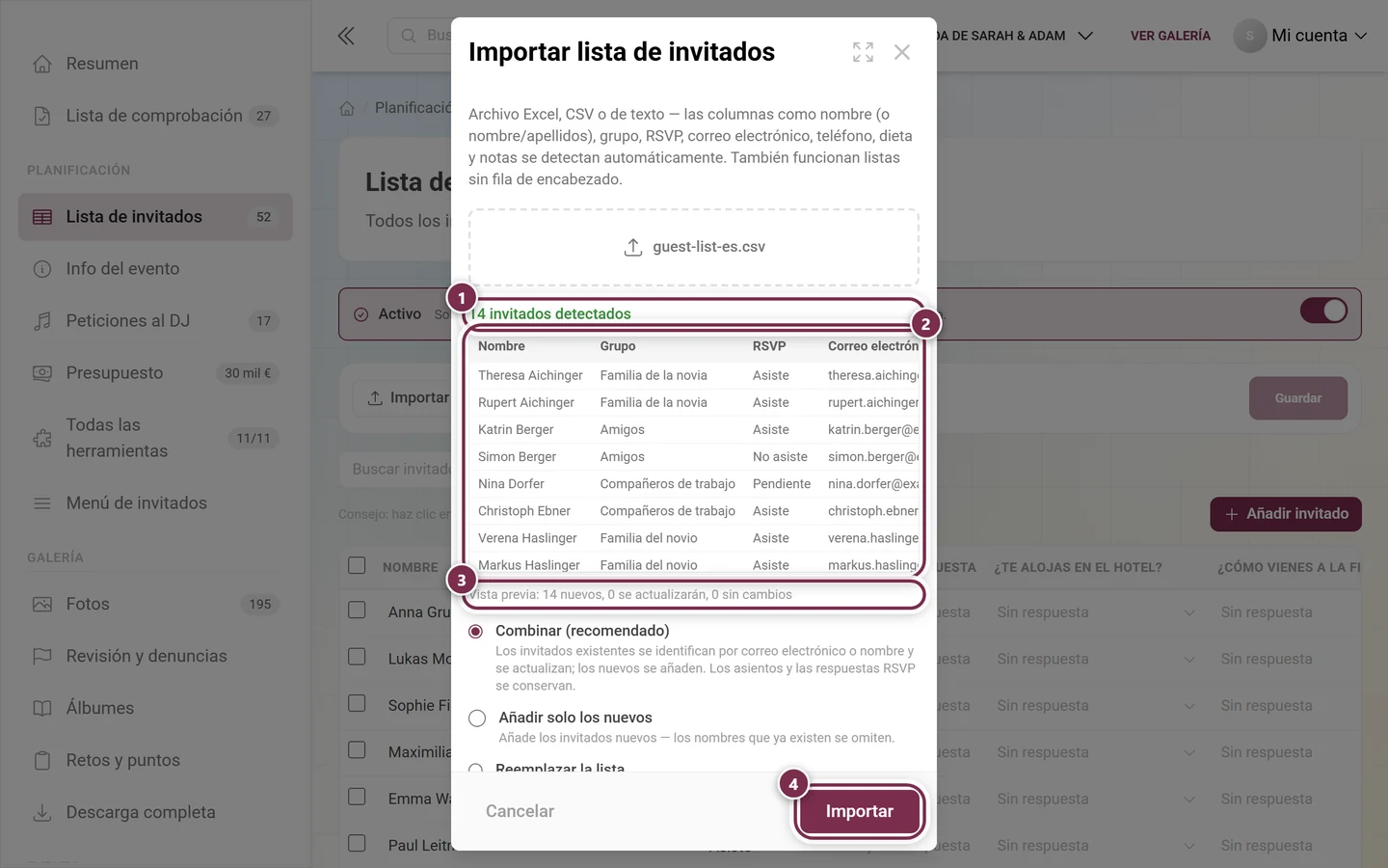 Diálogo de importación de la lista de invitados con la línea del archivo, la tabla de vista previa, la vista previa de combinación y el botón Importar destacados