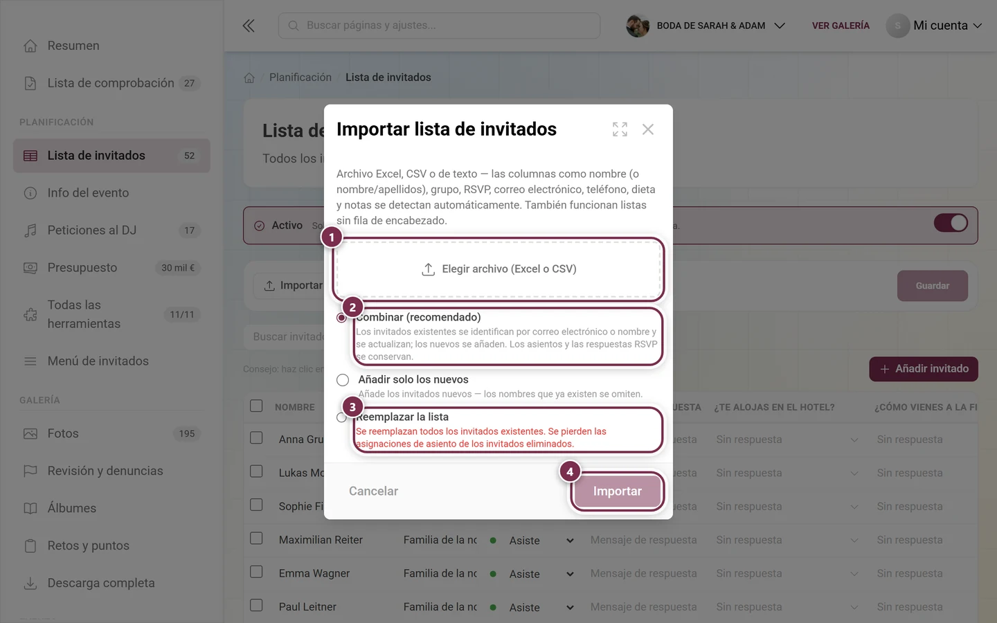 Diálogo Importar lista de invitados con el selector de archivo, los modos Combinar y Reemplazar lista y el botón Importar destacados