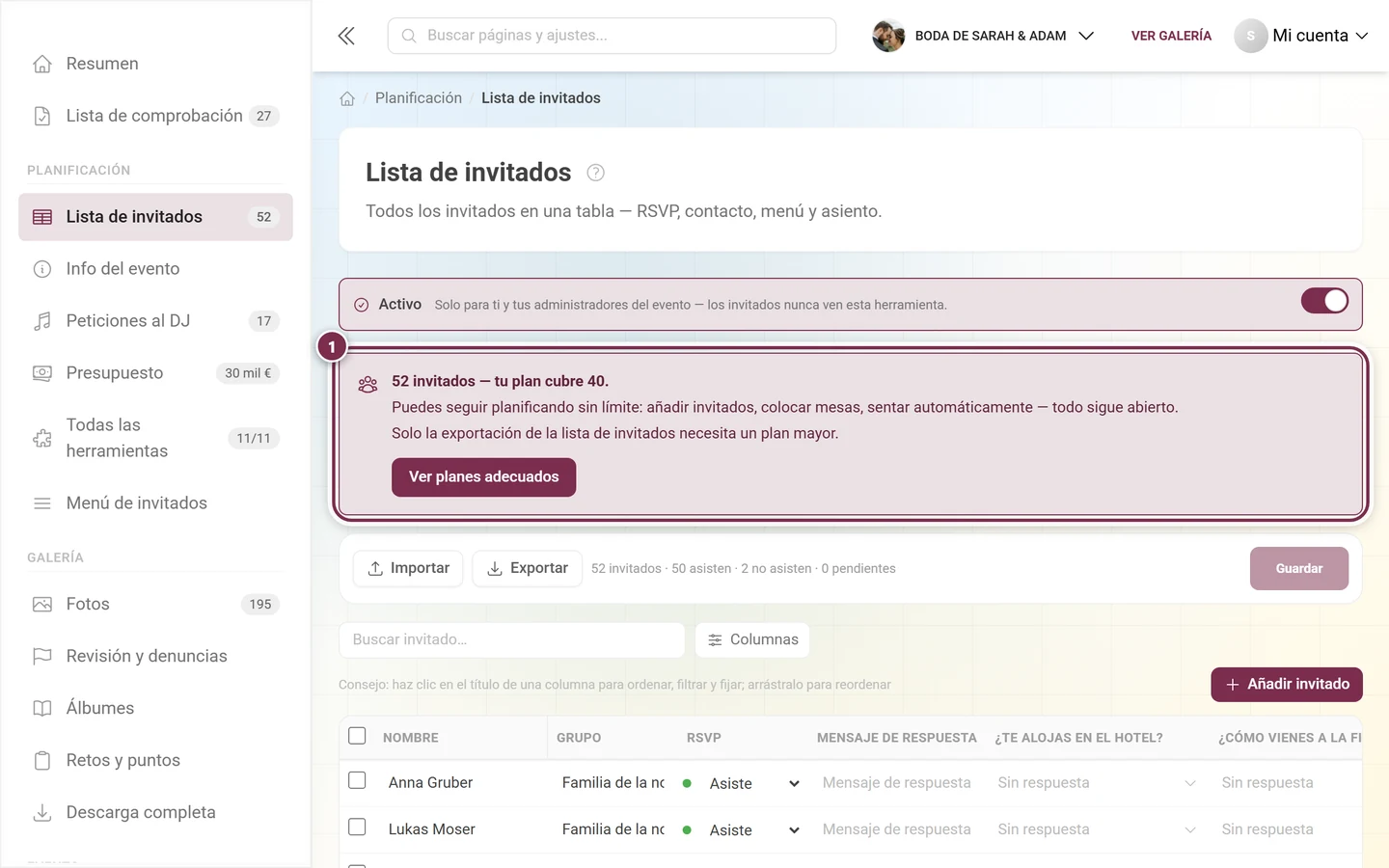 Lista de invitados con el cuadro de cupo encima de la barra de acciones destacado