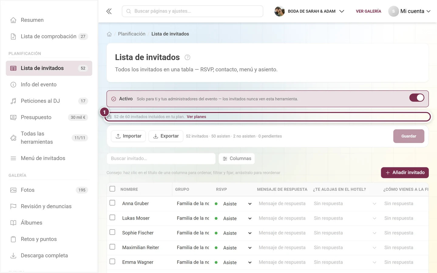 Lista de invitados con la franja de aviso estrecha encima de la barra de acciones destacada