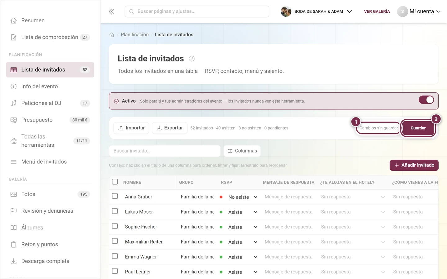 Barra de acciones de la lista de invitados con el aviso Cambios sin guardar y el botón Guardar activo destacados