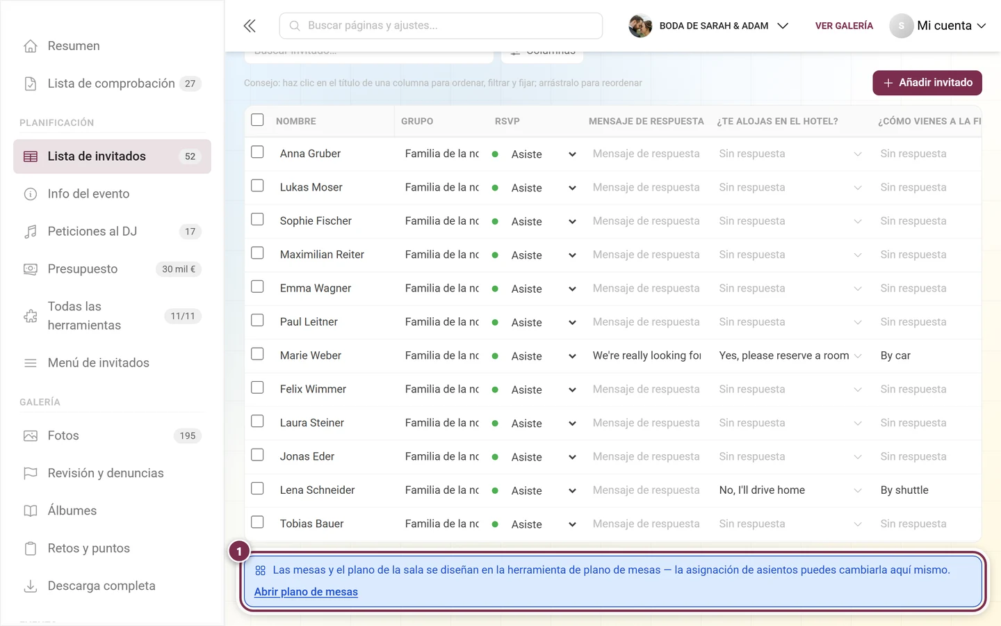 Lista de invitados con la franja de aviso al final de la tabla destacada