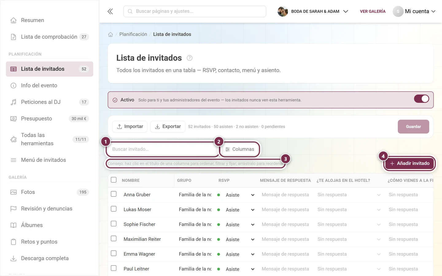 Barra encima de la tabla con el campo de búsqueda, el botón Columnas, el consejo de uso y Añadir invitado destacados