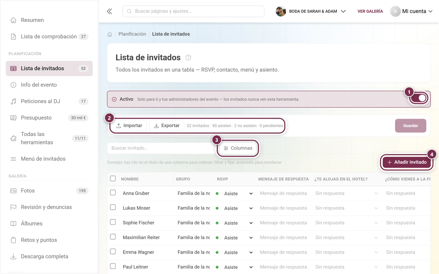 Lista de invitados con el interruptor Activo marcado, Importar y Exportar, el botón Columnas y Añadir invitado