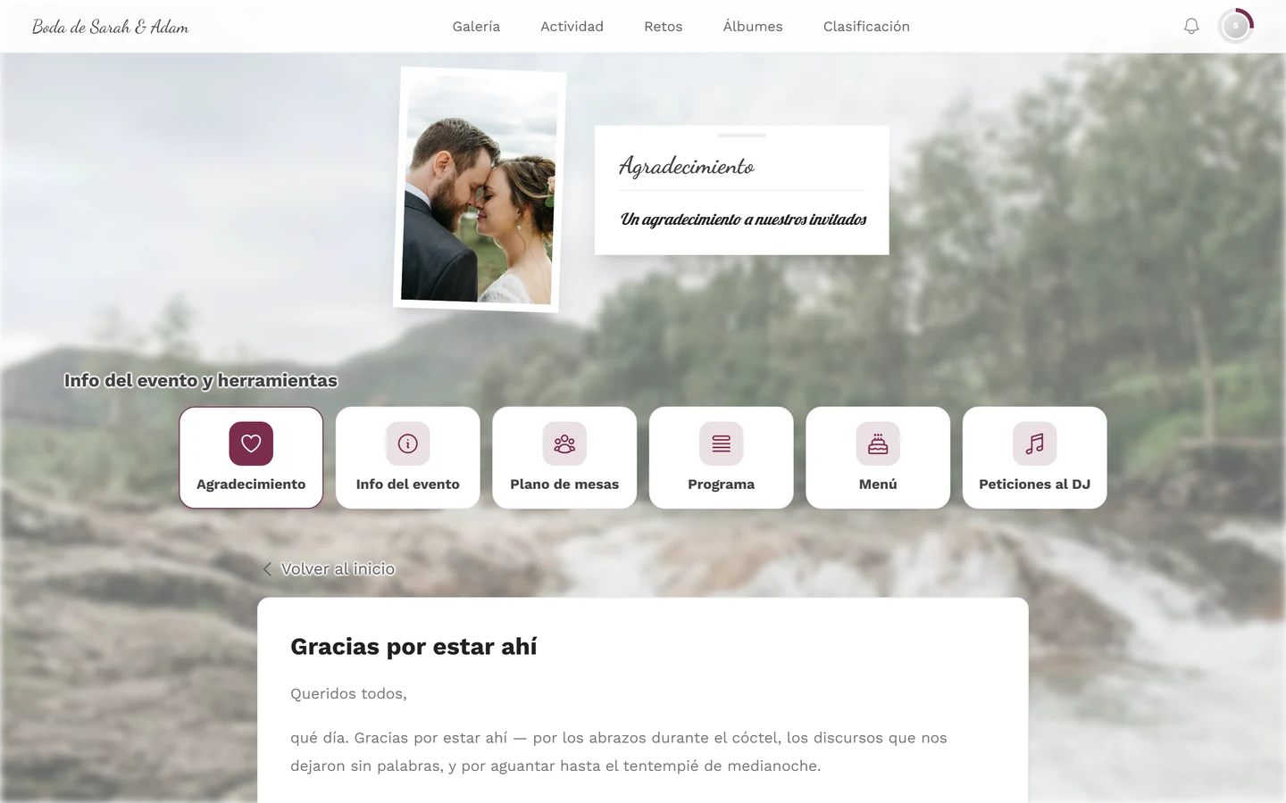 Agradecimiento en la vista del invitado con título, texto y la tarjeta Agradecimiento resaltada