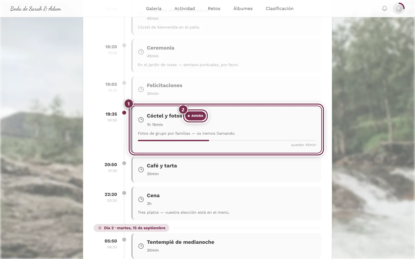 Programa durante el evento con el punto en curso marcado y la marca Ahora