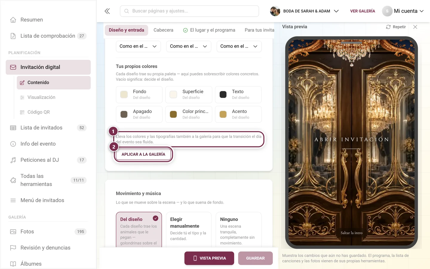 Aplicar a la galería con anillos numerados alrededor del aviso y el botón, arriba los seis roles de color