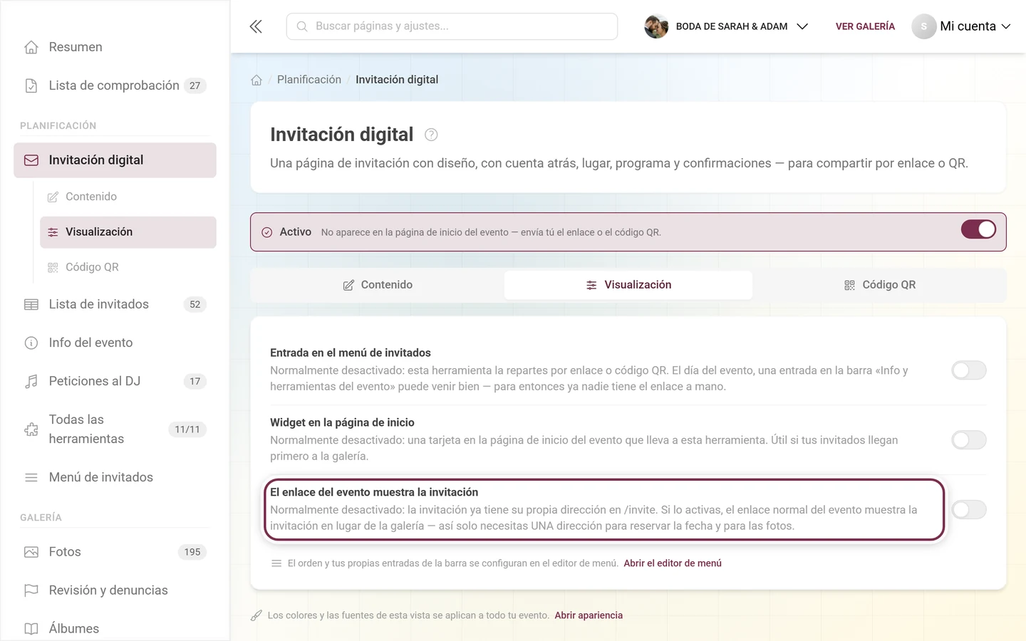 Pestaña Visualización de la invitación con el interruptor del enlace del evento destacado