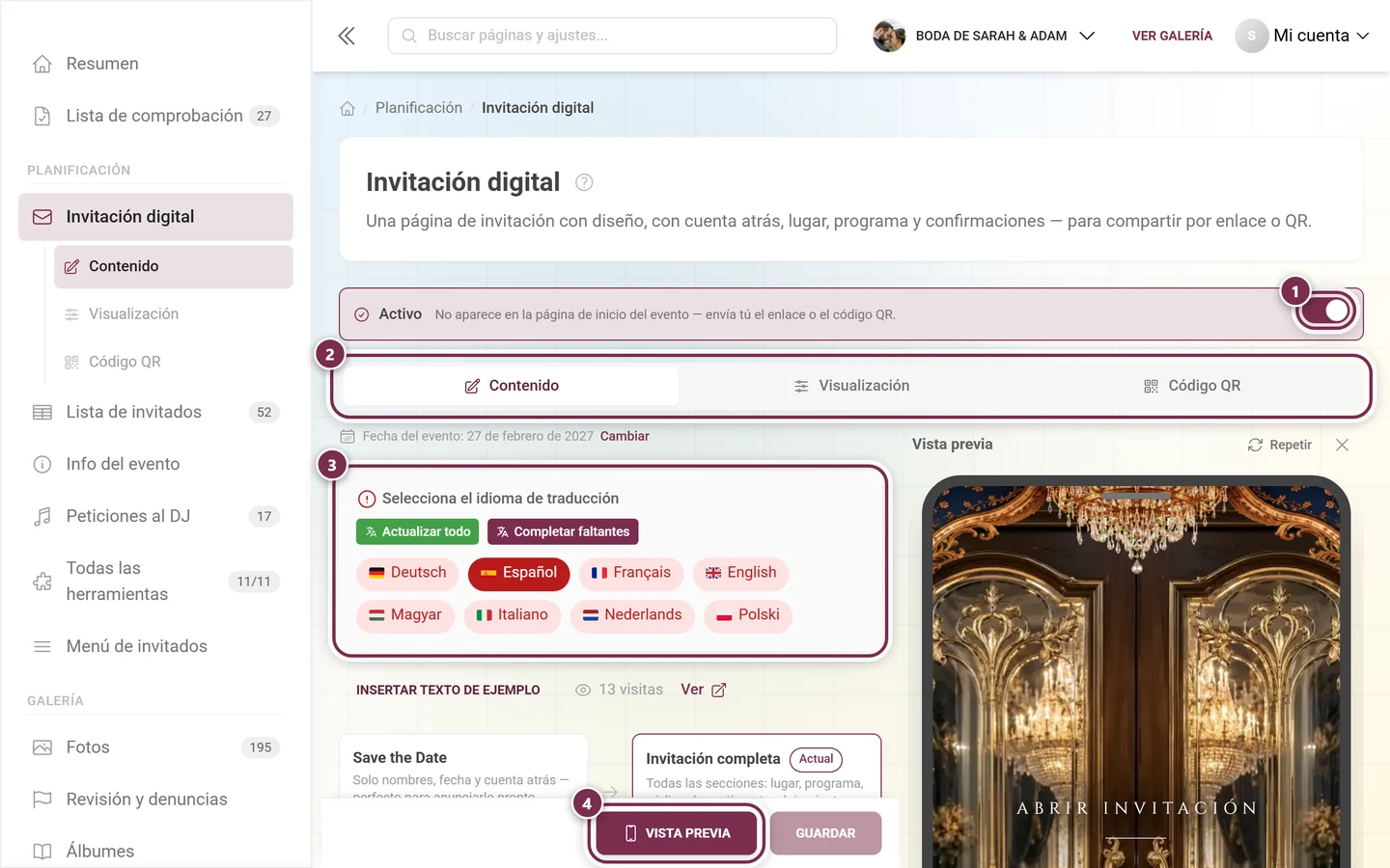 Editor de la invitación digital con el interruptor principal, las pestañas, el bloque de idiomas y el botón de vista previa marcados