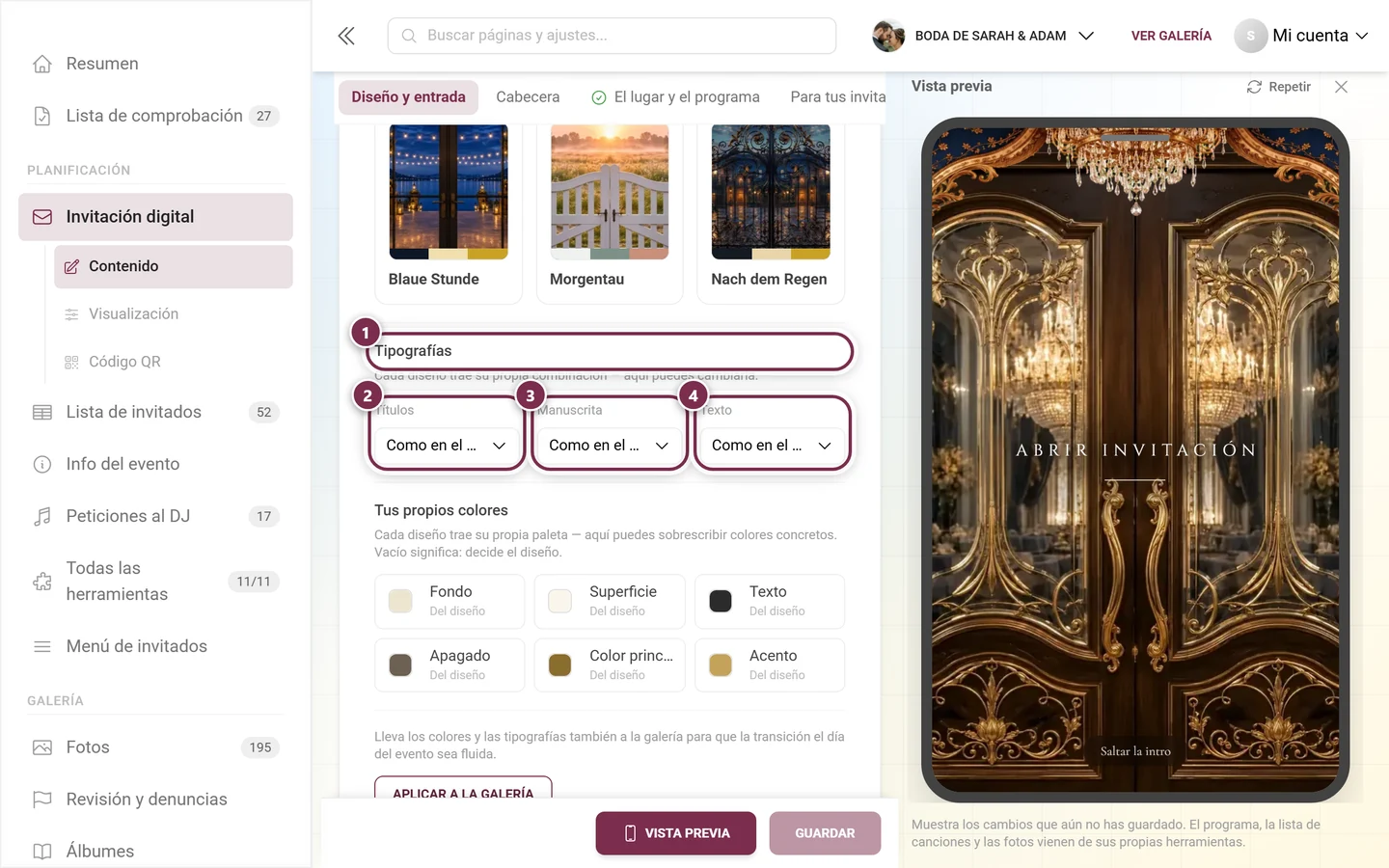 Sección Tipografías con anillos numerados alrededor del título y los tres roles
