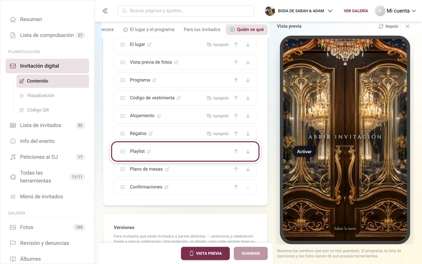 Tarjeta De otras herramientas con el interruptor de Playlist destacado