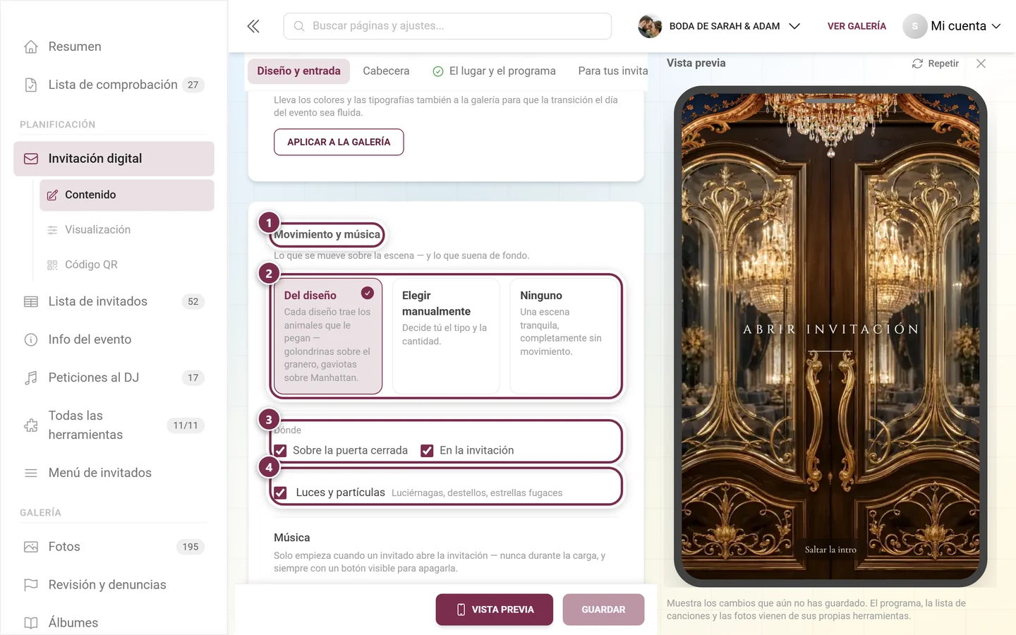 Sección Movimiento y música con anillos numerados alrededor del título, las tres tarjetas, las casillas de Dónde y Luces y partículas
