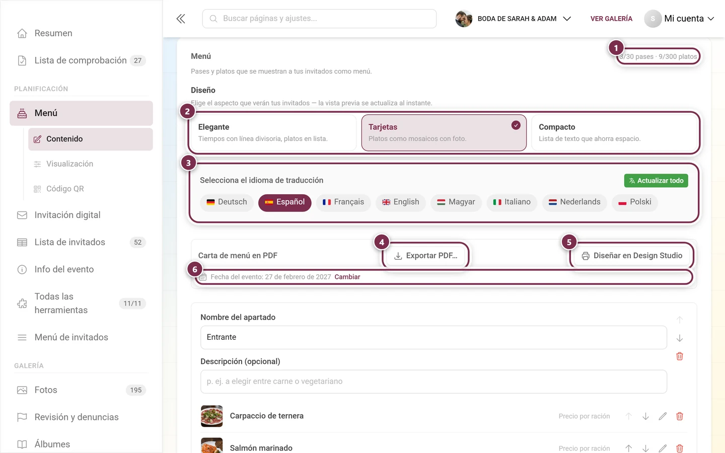 Cabecera de la pestaña Contenido con el contador, las tres tarjetas de diseño, el selector de idioma y los botones de exportación