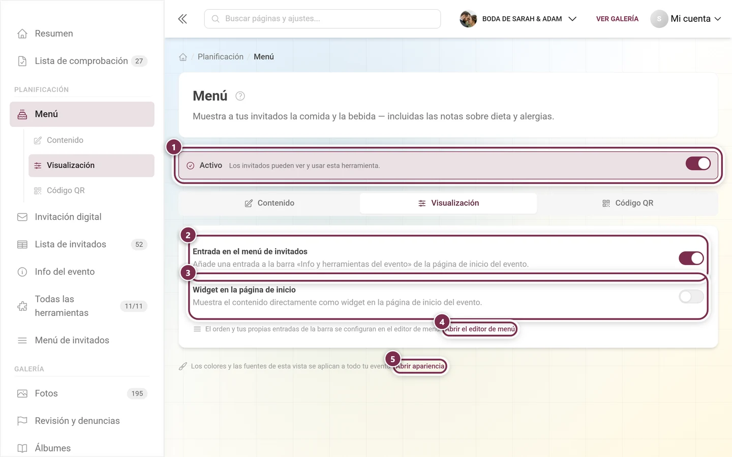 Pestaña Visualización de la herramienta Menú con el interruptor Activo, Entrada en el menú de invitados y Widget en la página de inicio