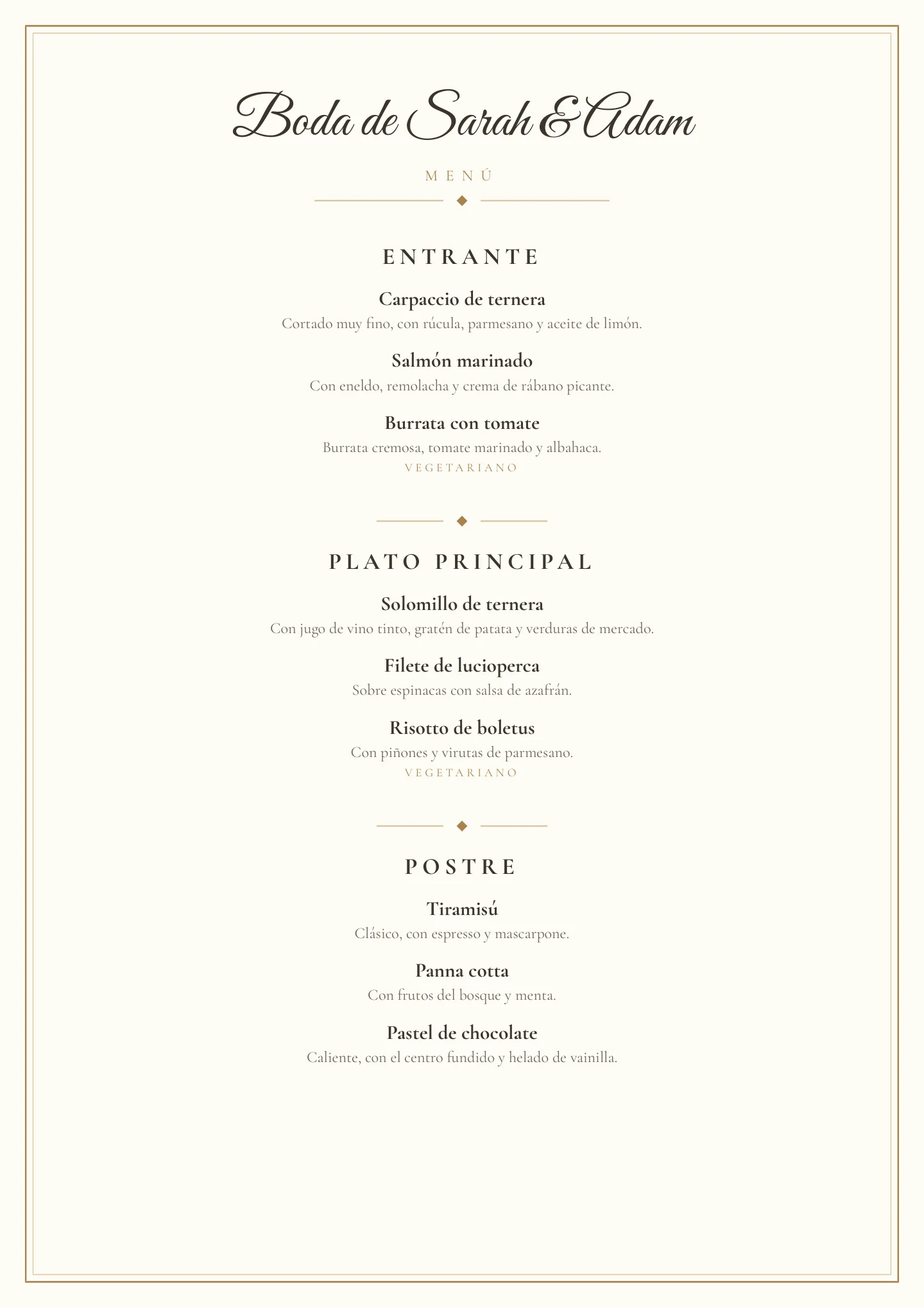 Carta de menú terminada en PDF con el estilo Oro y marfil y los pases Entrante, Plato principal y Postre