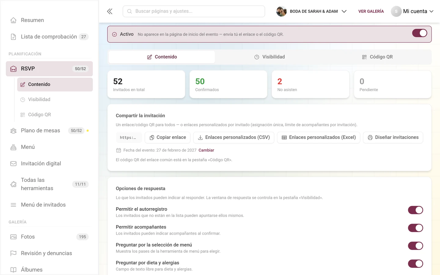 Sección Compartir invitación con copiar enlace y las descargas en CSV y Excel