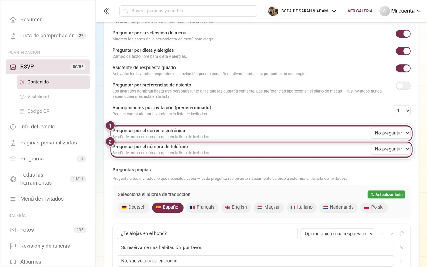 Las dos preguntas de contacto para el correo electrónico y el número de teléfono