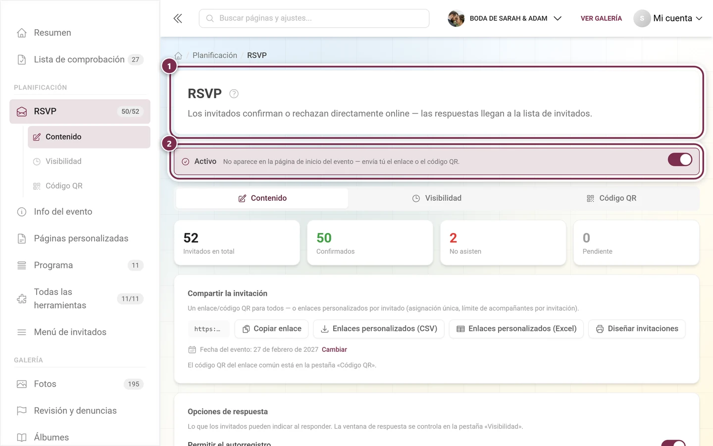 Cabecera del editor de RSVP con el título y la franja de estado activo
