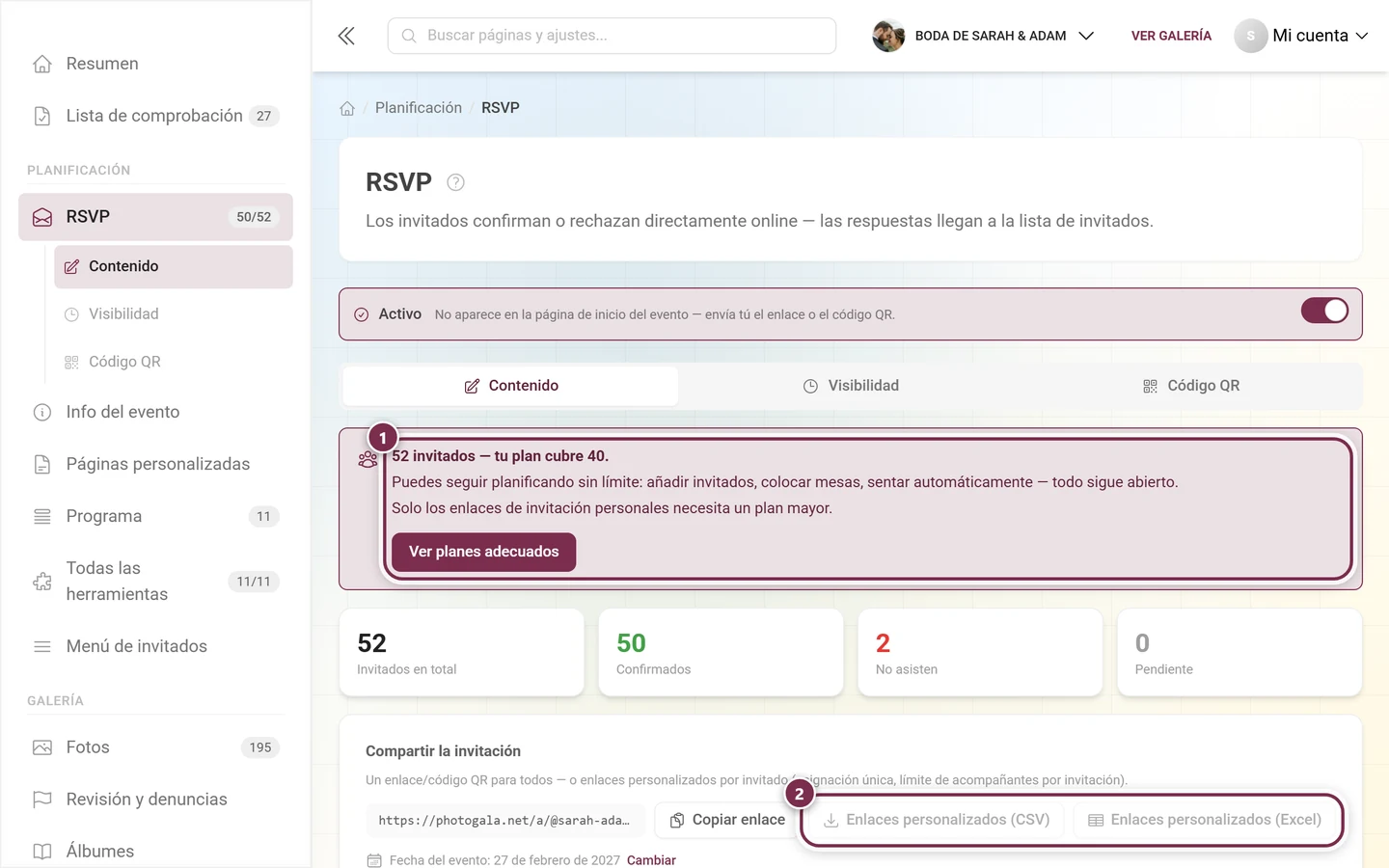 Cuadro de cupo sobre el editor y los botones en gris para los enlaces personalizados