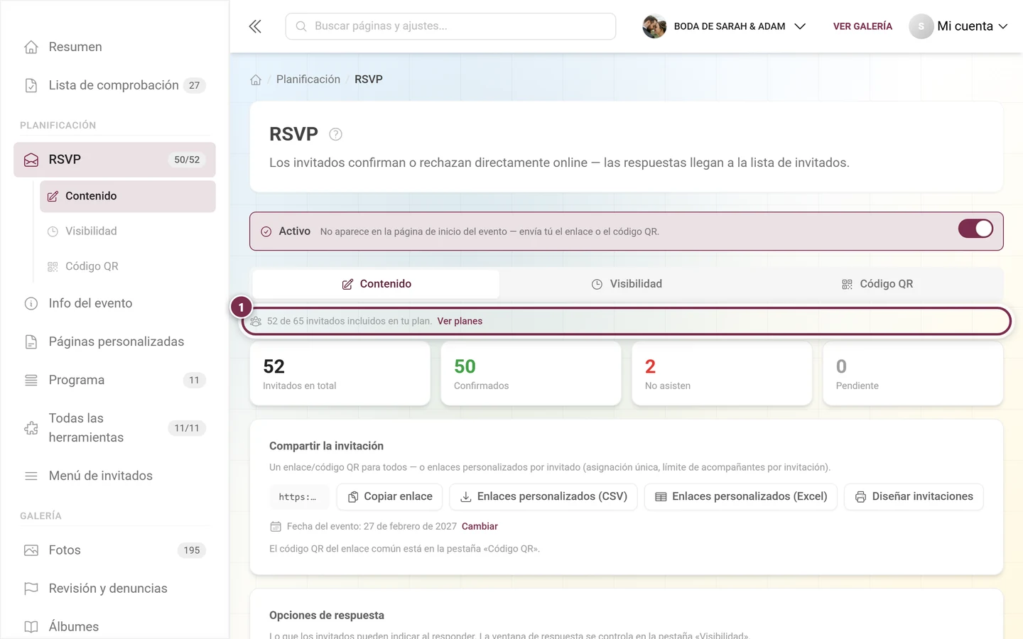 Línea de aviso estrecha sobre las cifras: 52 de 65 invitados en tu plan