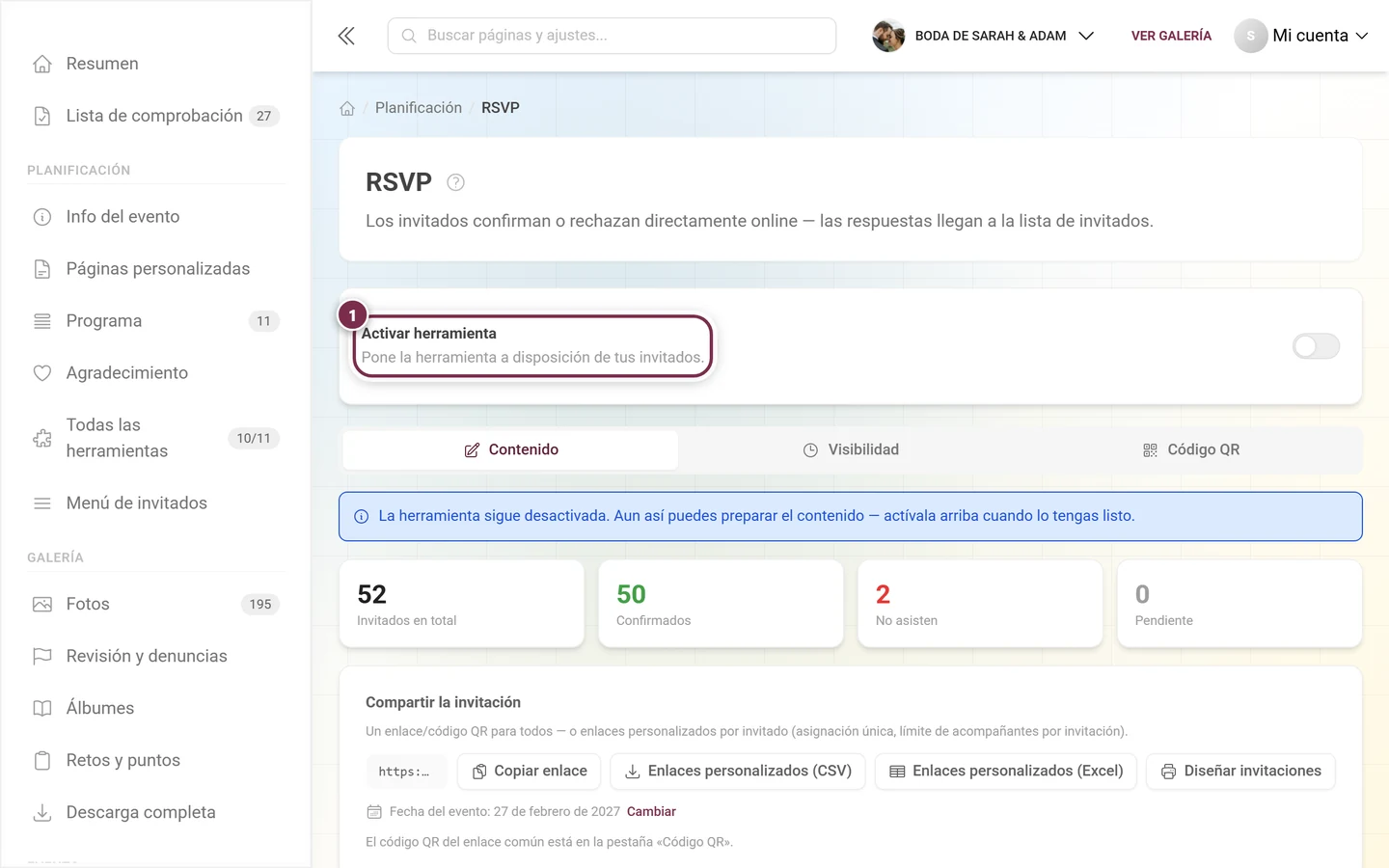 La tarjeta Activar herramienta en estado desactivado con el aviso azul debajo