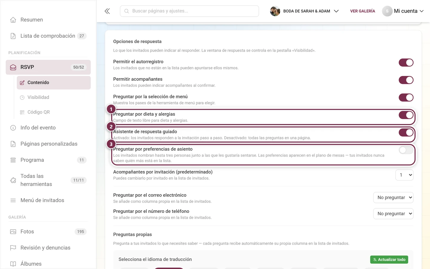 Las siguientes tres opciones de respuesta: dieta y alergias, asistente de respuesta y preferencias de asiento