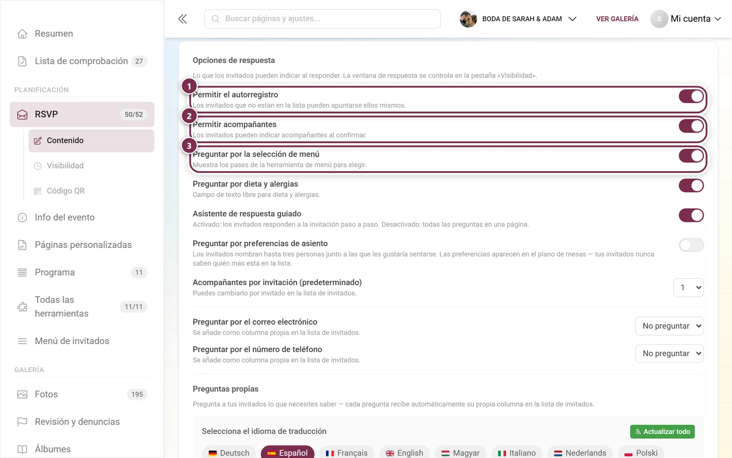 Las primeras tres opciones de respuesta: autorregistro, acompañantes y selección de menú