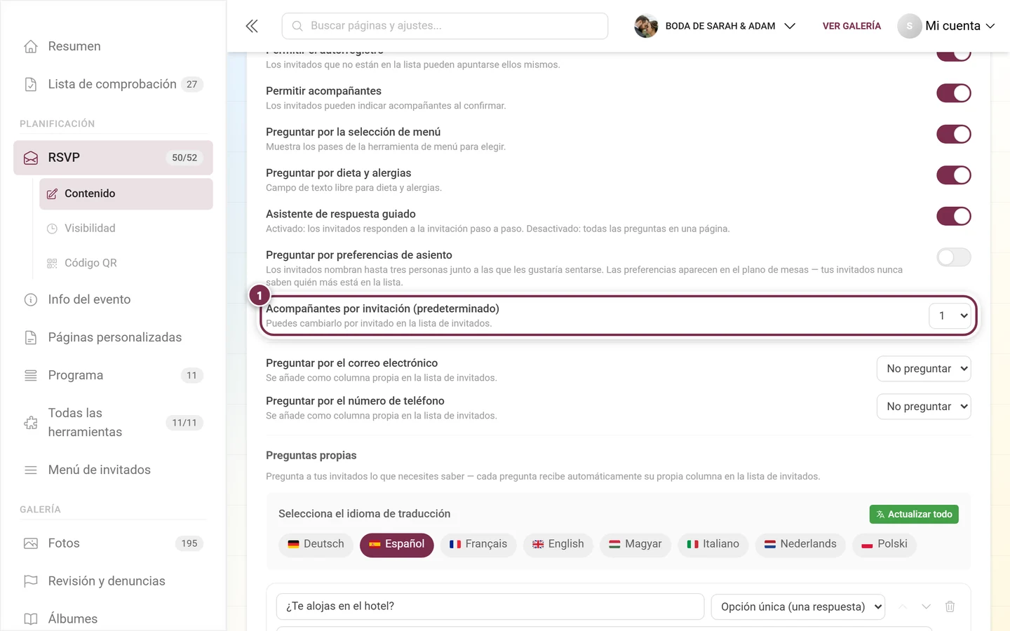 El menú desplegable Acompañantes por invitación (predeterminado)