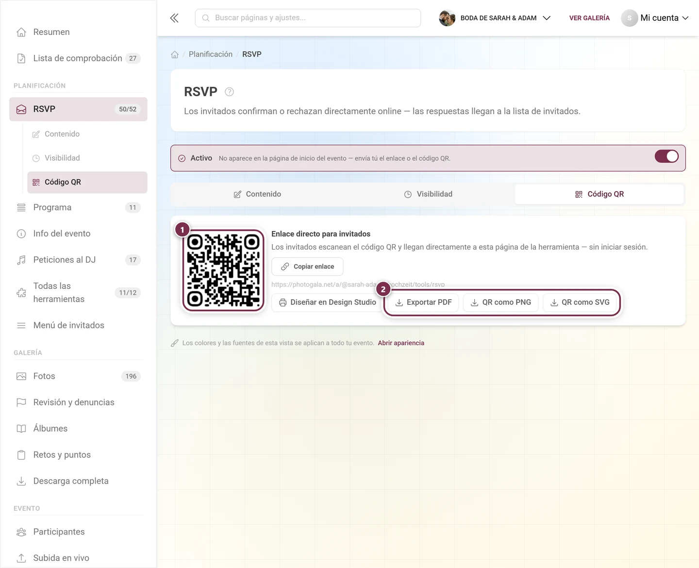Pestaña Código QR con el código, el enlace directo y los tres botones de archivo