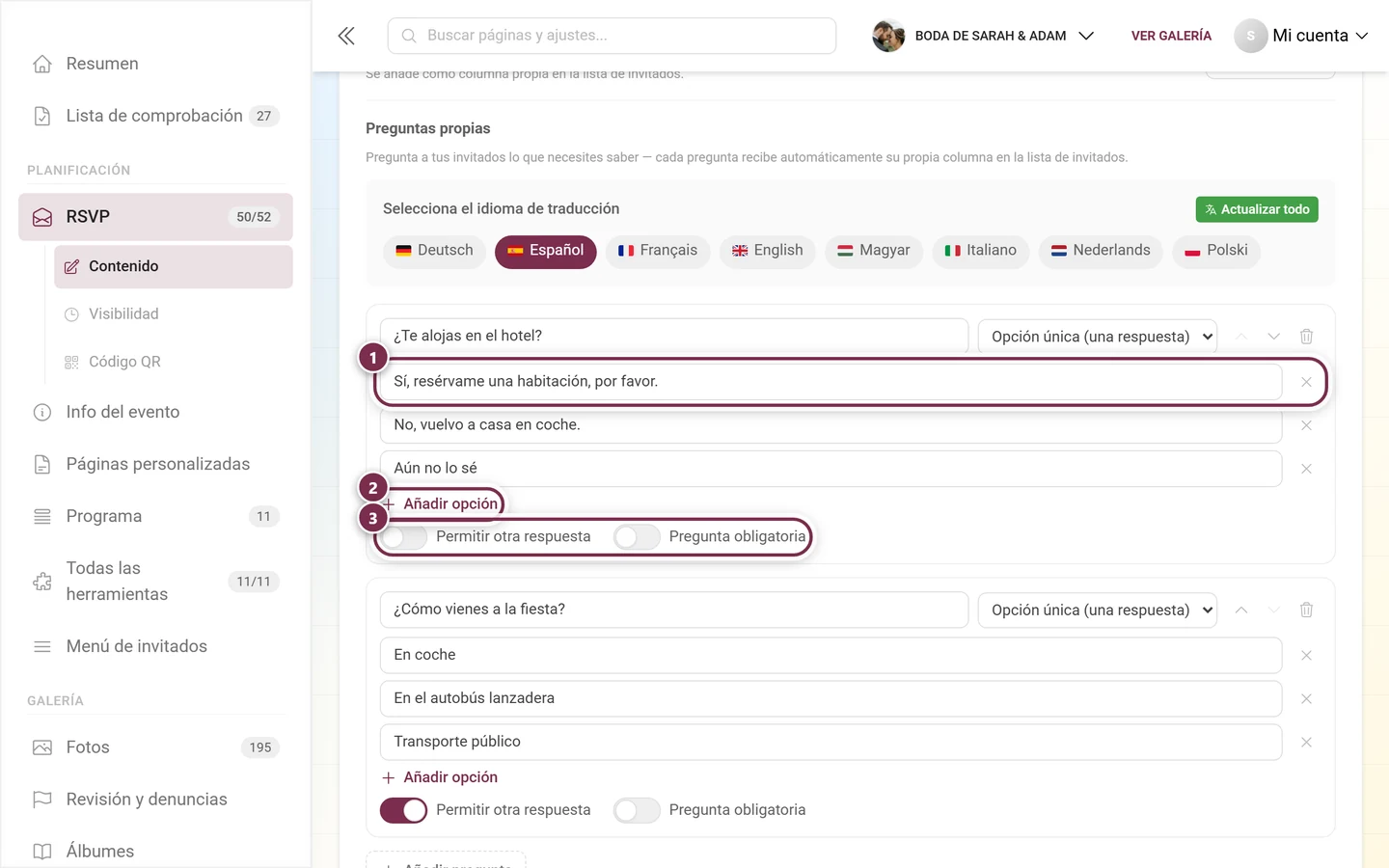 Opciones de respuesta de una pregunta de selección con Añadir opción y los dos interruptores