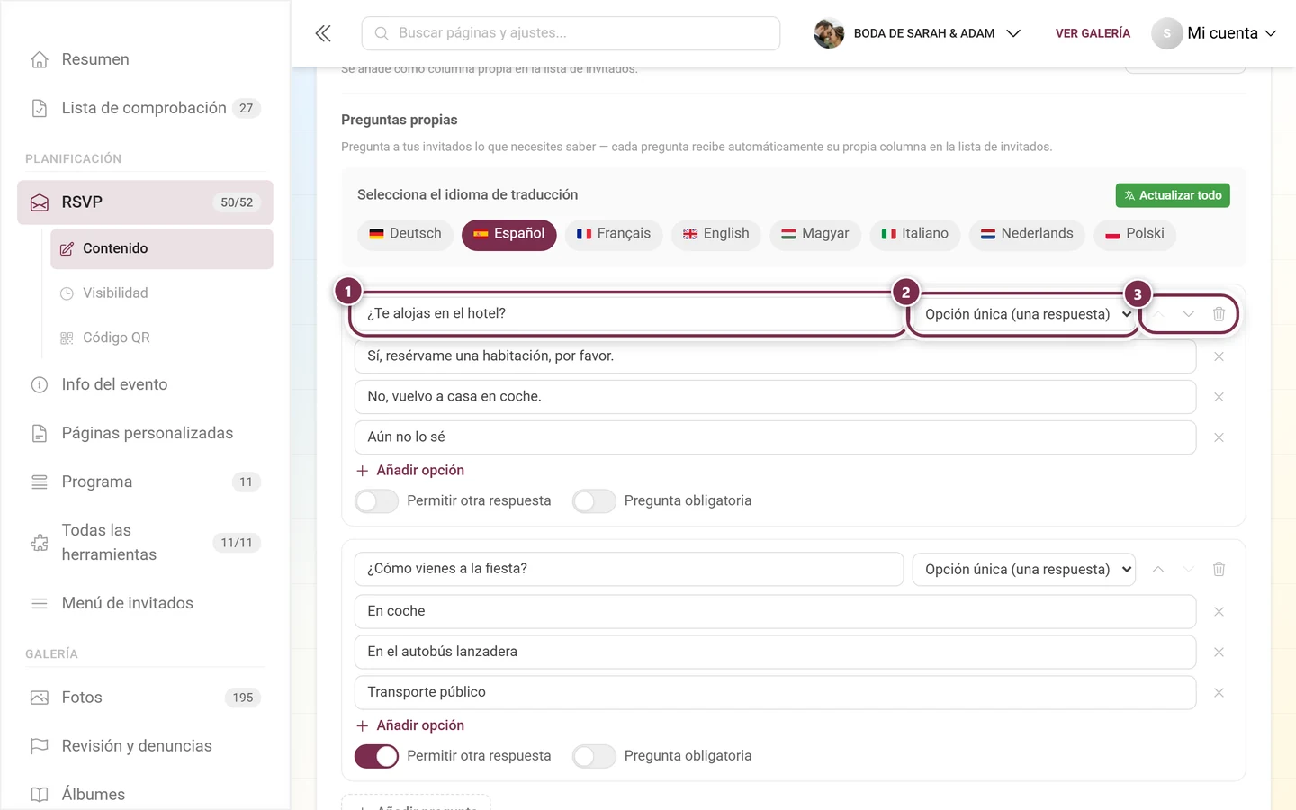 Estructura de una pregunta propia: campo de texto, tipo de pregunta y los tres iconos de herramientas
