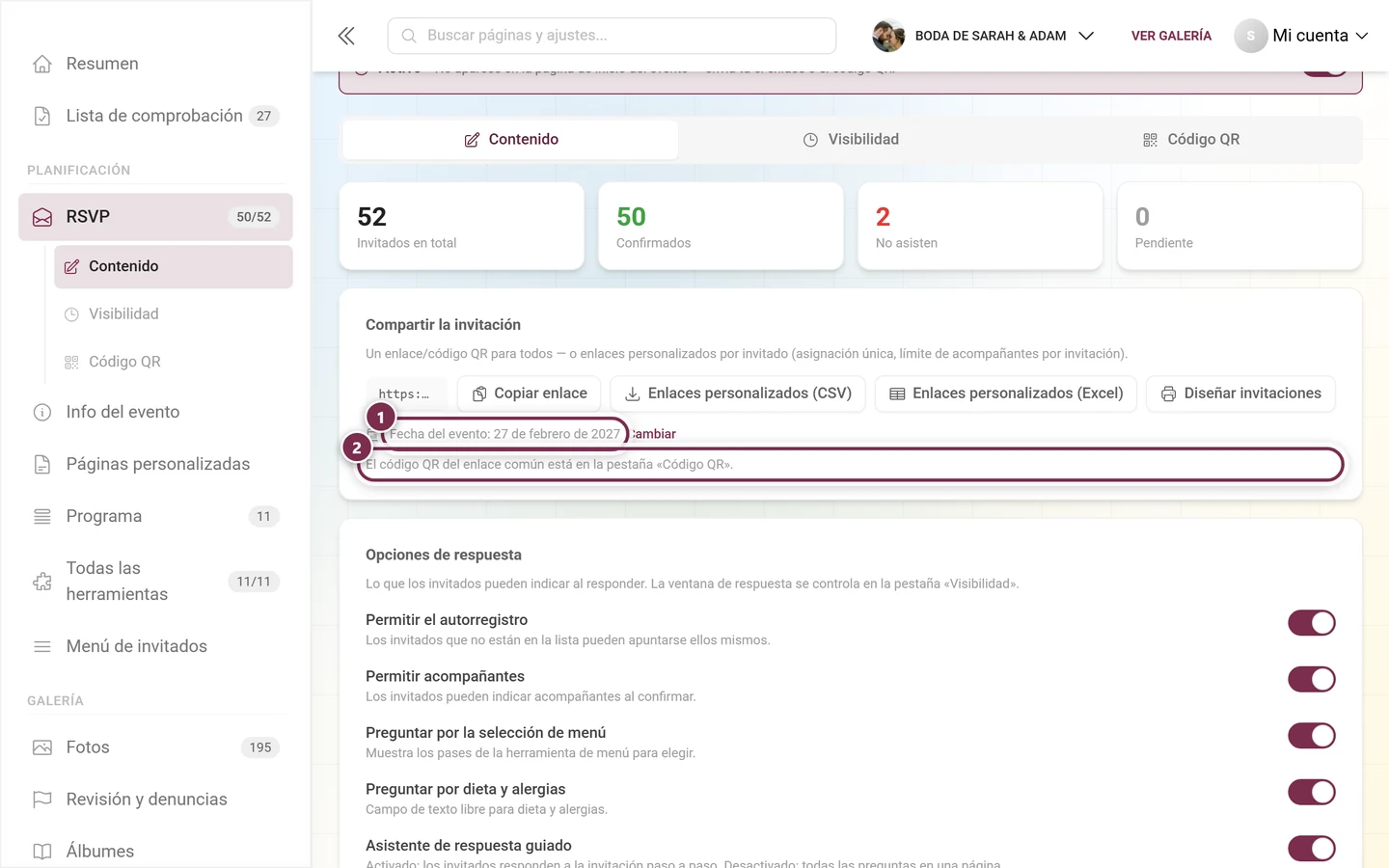 Las dos líneas de aviso bajo los botones de envío: fecha del evento y la referencia a la pestaña QR