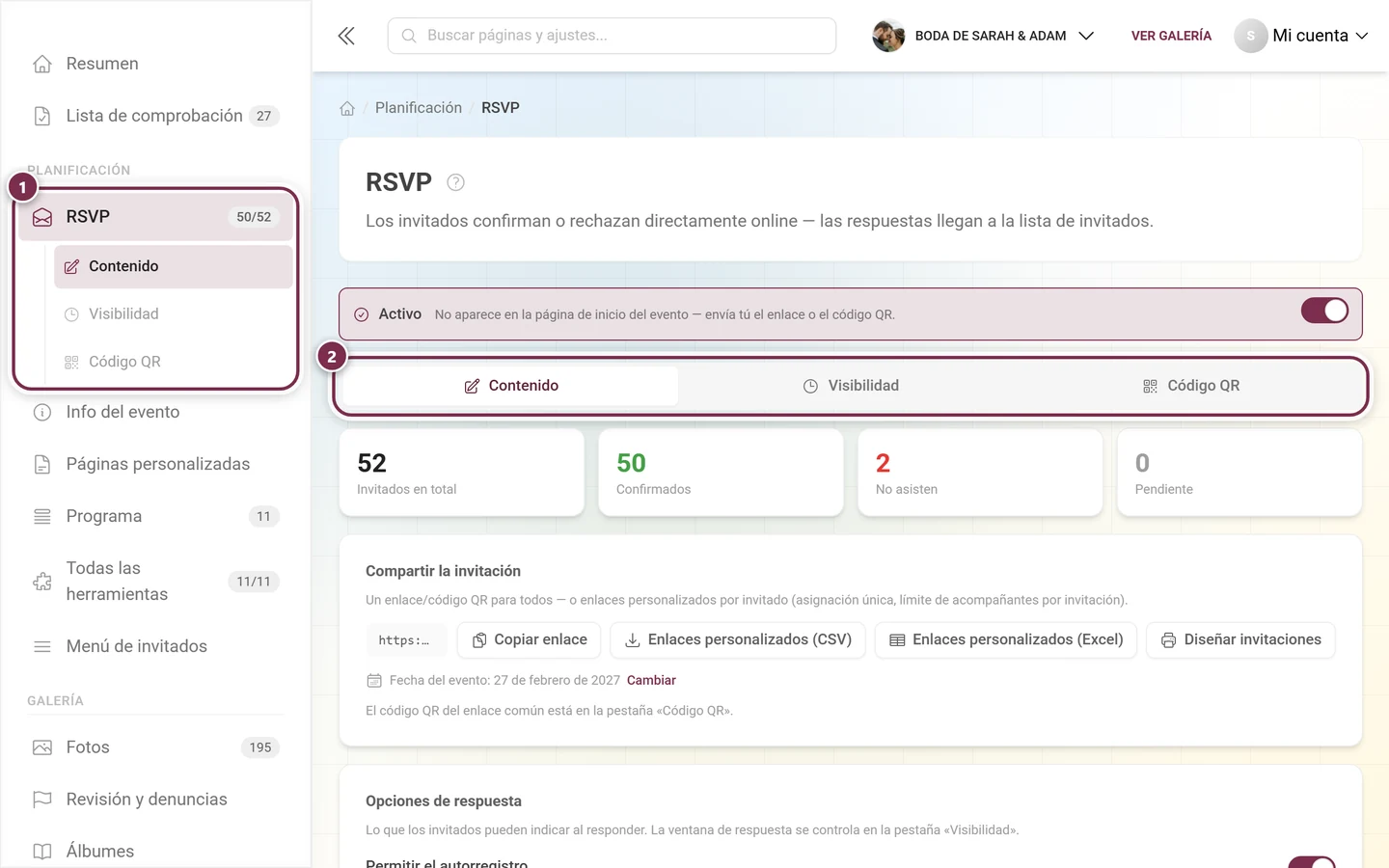 Barra lateral con la entrada de RSVP resaltada bajo Planificación y la barra de pestañas del editor