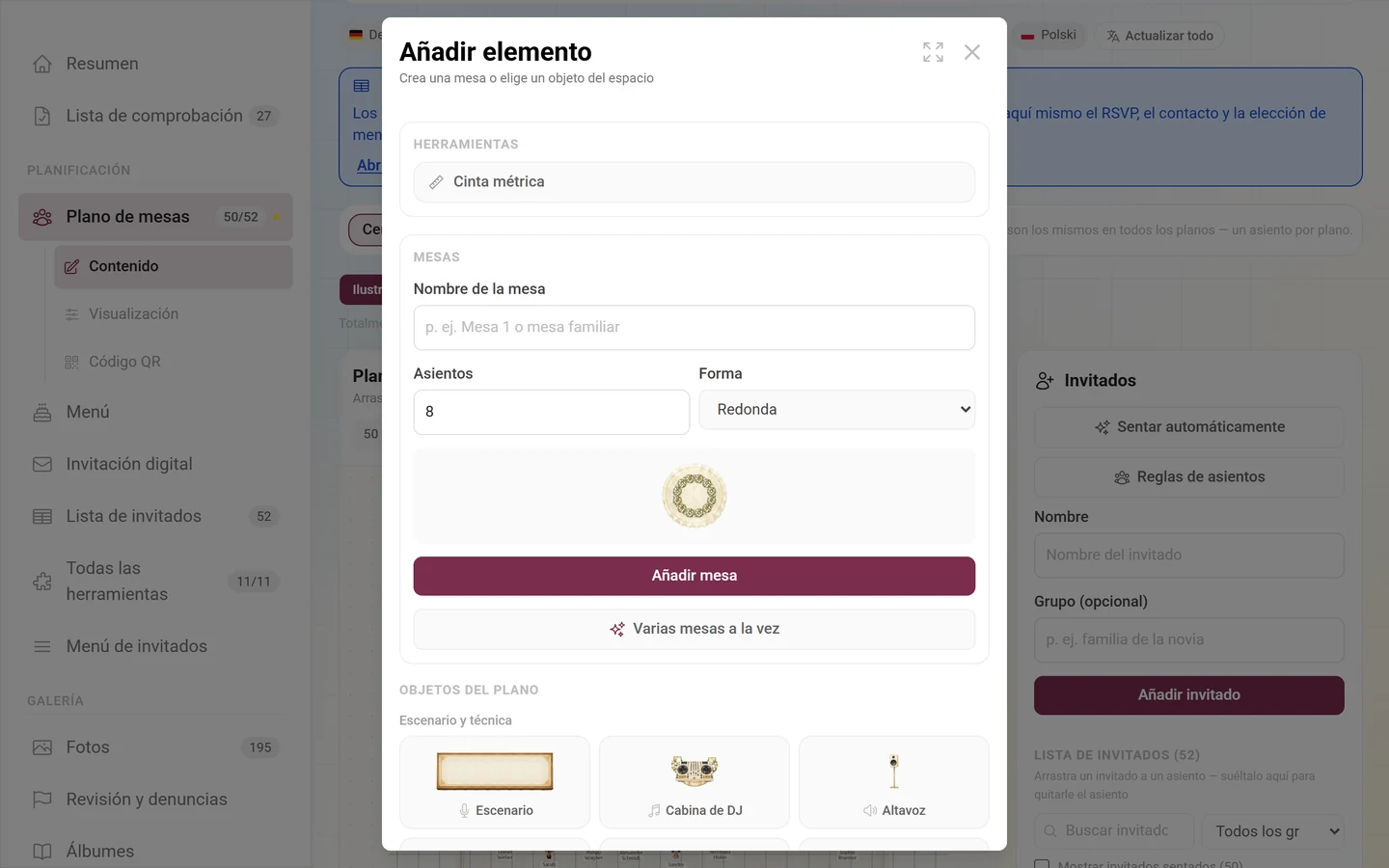 Diálogo Añadir elemento con el formulario de mesa y los objetos del plano