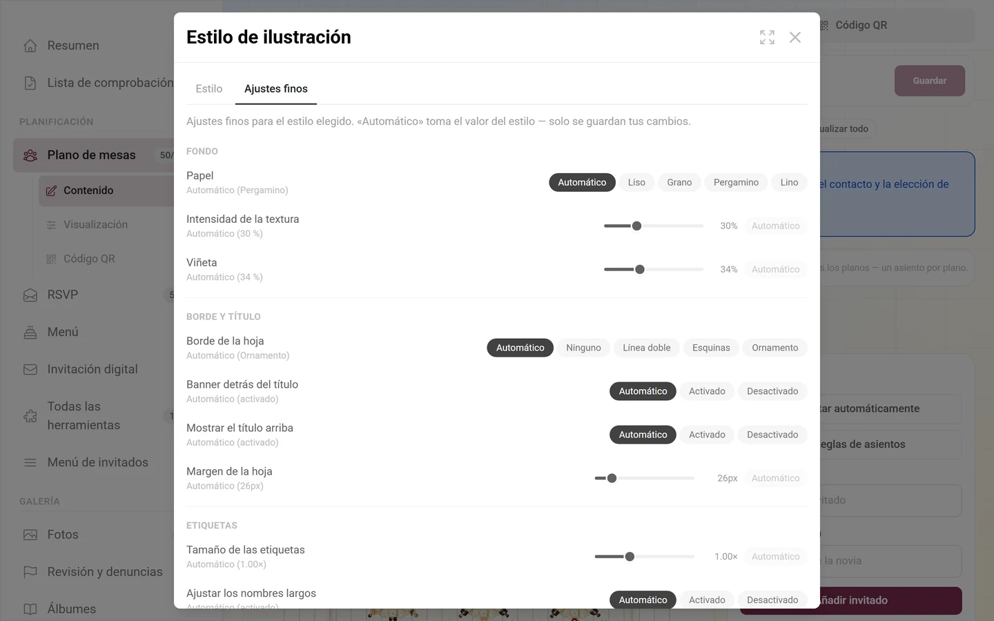 Pestaña Ajustes finos con los grupos Fondo, Borde y título, y Etiquetas